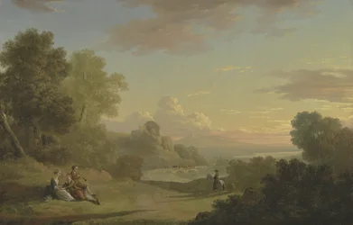 Een denkbeeldig landschap met een reiziger en figuren met uitzicht op de Baai van Baiae, 1773